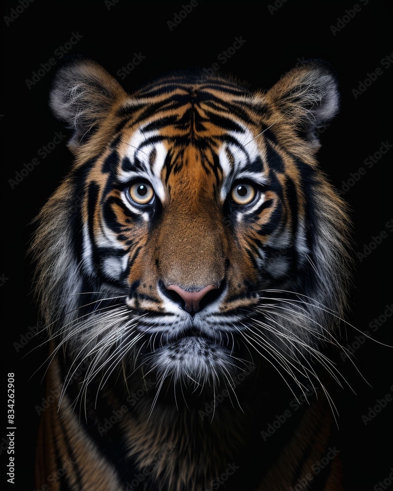 the Sumatran Tiger, portrait view, white copy space on right Isolated on black background