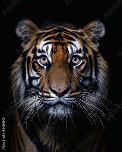 the Sumatran Tiger  portrait view  white copy space on right Isolated on black background