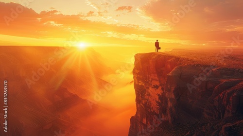 Person standing on cliff overlooking sunset