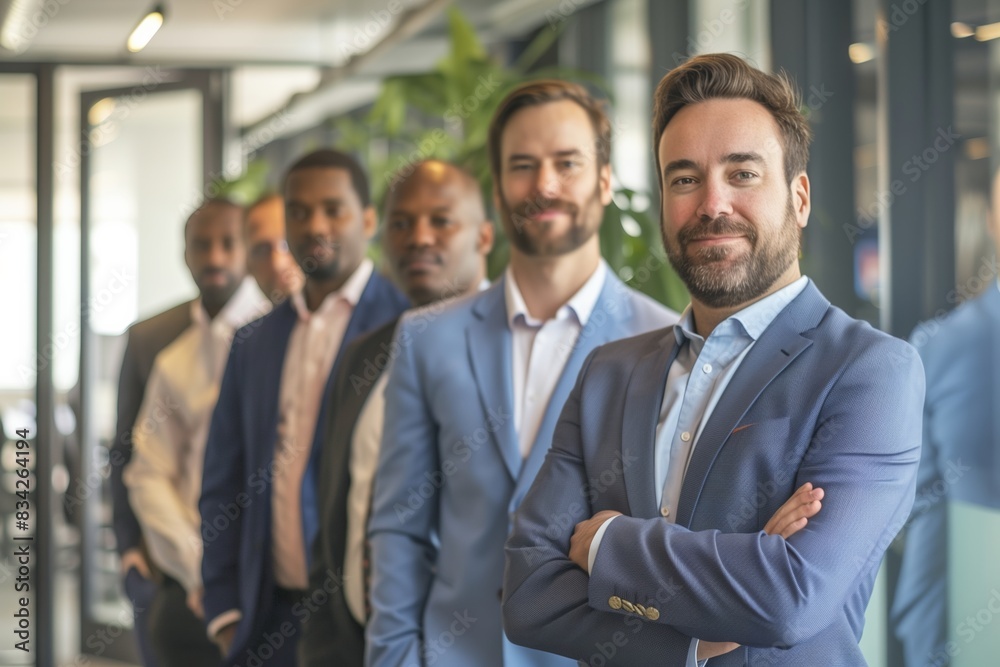 A group of professional men in suits stand together in an office, showcasing collaboration and teamwork A group of professional men in suits stand together in an office, showcasing collaboration and teamwork