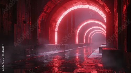Red glowing futuristic tunnel with misty atmosphere