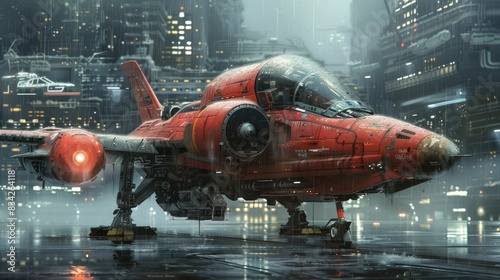 Red futuristic spacecraft on a rainy city night