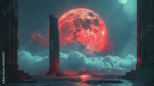 Red moon glowing through ancient ruins at dusk