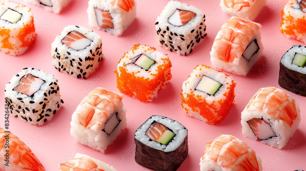 Assorted sushi pieces on a pink background, clean and minimalistic Assorted sushi pieces on a pink background, clean and minimalistic