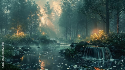 Serene forest stream illuminated at dusk