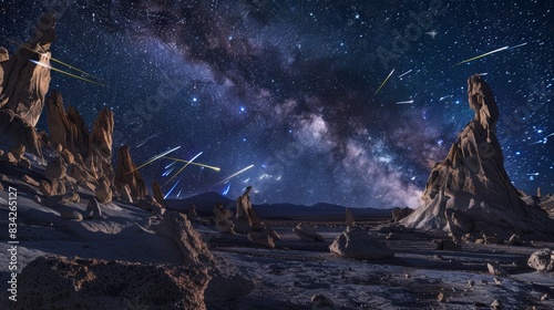 Meteor shower over desert landscape, Breathtaking night sky with meteors streaking over desert pinnacles