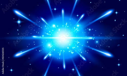 Meteor rain with falling glowing comets. Abstract light digital background. Neon bright light particles, luminous rays in motion.