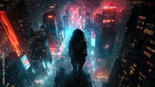 Silhouette gazing over neon lit cyberpunk city