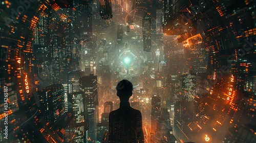 Silhouette gazes into a futuristic cityscape