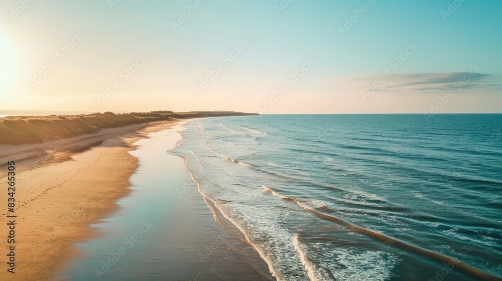 Aerial view of a deserted beach with a clear blue sky during summer at sunrise