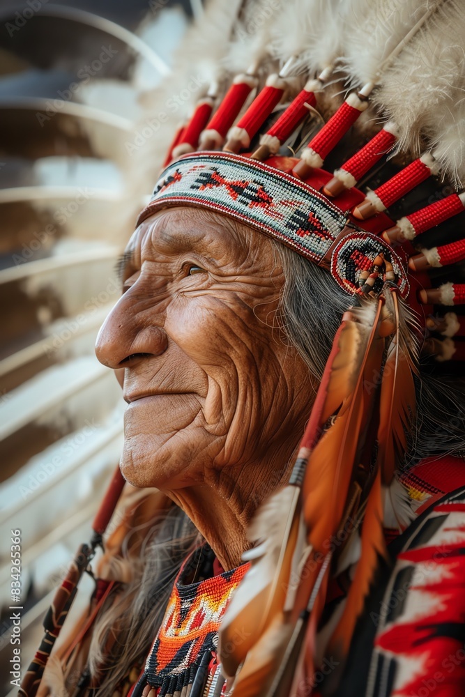 Fototapeta premium Native American elder in headdress, smiling with sunlight filtering through feathers