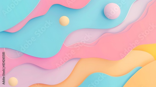 Abstract Pastel Waves and Spheres Minimalist Background Modern Art Design in Blue Pink Orange Yellow for Wallpaper or Graphic Use