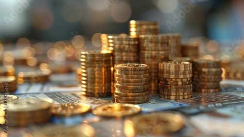 Stacks of golden coins on scattered money