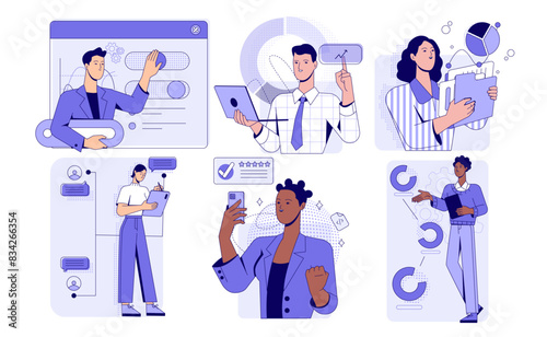 Set of business activity scenes. Company growth, developing strategy to increase profits, achieving financial success and analyzing charts. Flat vector illustrations isolated on white background