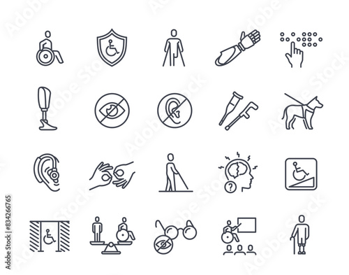 Set of line icons related to disability. Simple symbols with prosthesis, wheelchair, guide dog, ramp and hearing aid. Editable stroke. Outline flat vector collection isolated on white background
