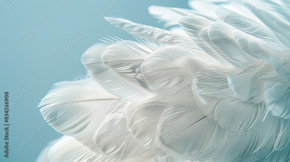 Fototapeta premium Detailed close-up of white goose feathers, fully in focus against a light blue background, isolated background, studio lighting