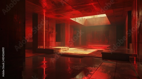 Sunlight drenches a futuristic red chamber