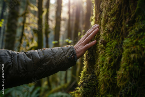 Closeup of a man's hand touching a moss-covered tree trunk in a forest, with sunlight filtering through the trees. A near-perfect symmetrical photo, centered