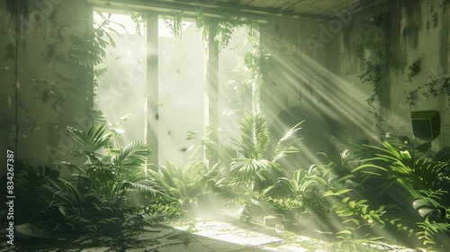 Sunlight streams through overgrown indoor plants