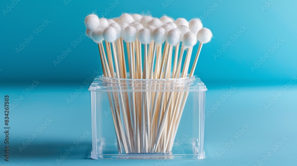 Close up shot of cotton swabs in a plastic box, blank space for advertisement text, isolated background, studio lighting Close up shot of cotton swabs in a plastic box, blank space for advertisement text, isolated background, studio lighting