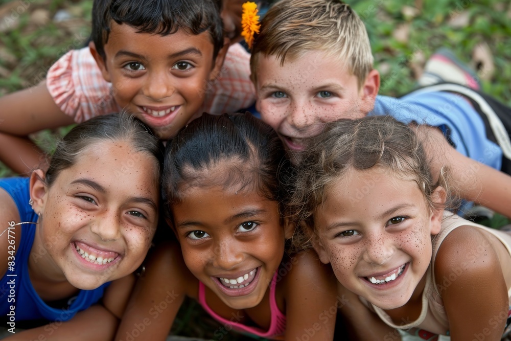 Group of children lying on the ground smiling and looking at the camera Group of children lying on the ground smiling and looking at the camera