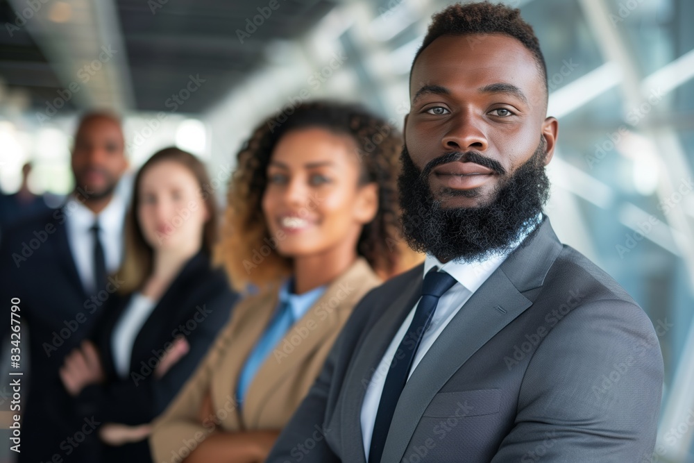 A diverse team of business professionals, led by a confident African American businessman, stand together in a modern office setting A diverse team of business professionals, led by a confident African American businessman, stand together in a modern office setting