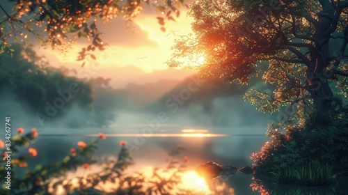 Sunrise over a tranquil misty woodland lake