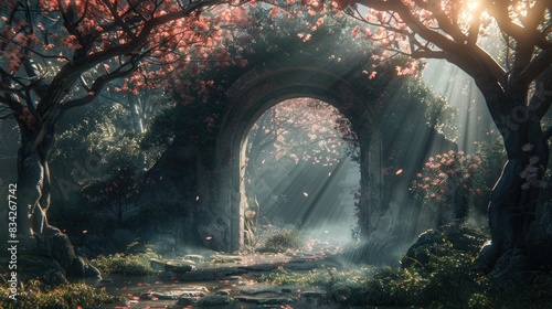 Sunlit stone arch amidst cherry blossoms