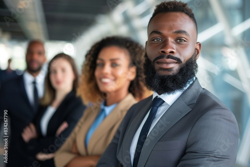 A diverse team of business professionals  led by a confident African American businessman  stand together in a modern office setting