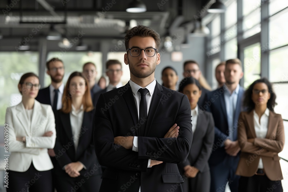 Business leader standing in front of his team in an office setting