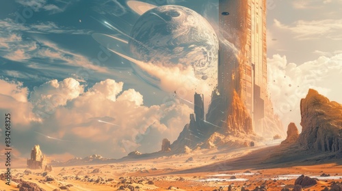 Towering structure on an otherworldly desert planet