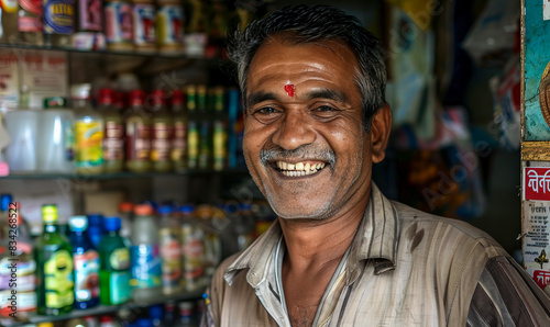 Smiling Indian Hindu Convenience Store Owner, close-up portrait. AI
