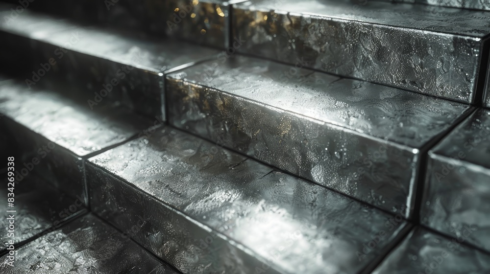 Close shot of silver bars in a staircase pattern, sparkling texture, and space for promotional text