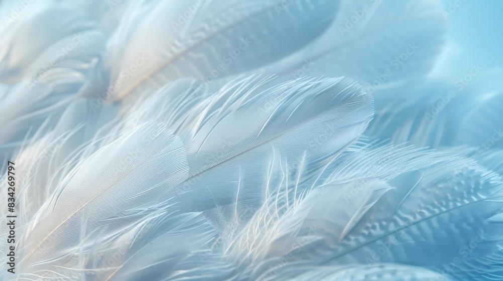 Close-up view of white goose feathers, every detail in focus, light blue backdrop, isolated background, studio lighting Close-up view of white goose feathers, every detail in focus, light blue backdrop, isolated background, studio lighting