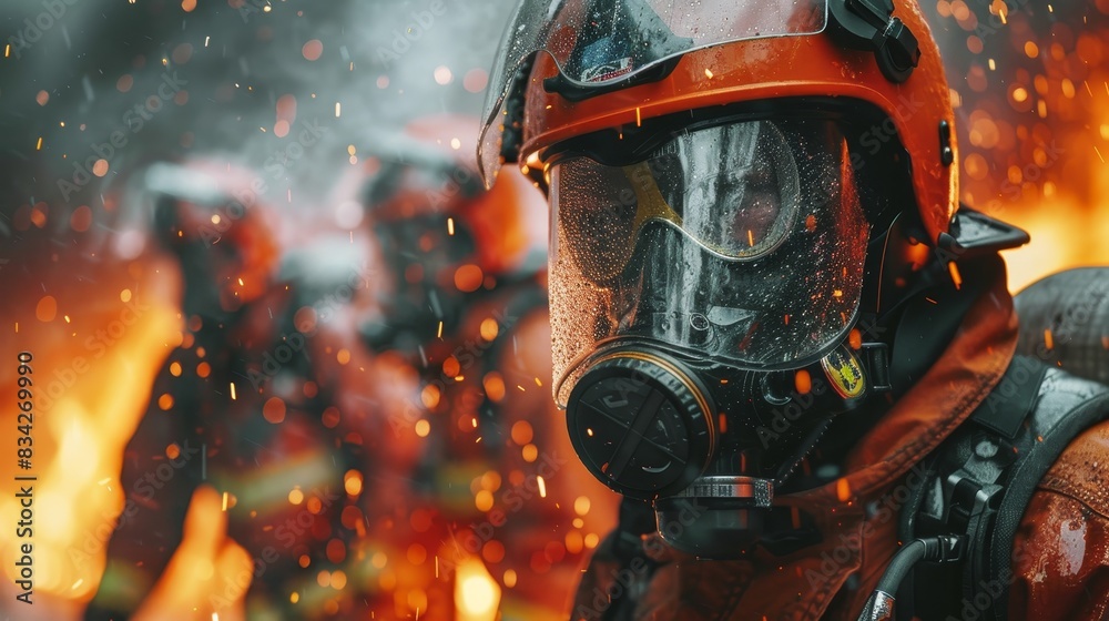 Close-up view of firefighters in action, fighting a fire with determination and precision during an emergency call