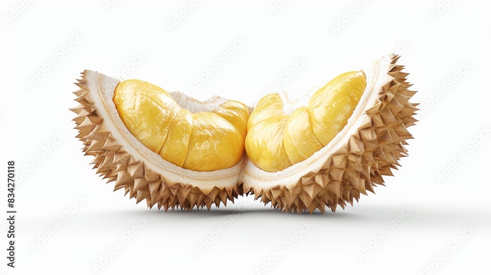 Fototapeta premium High-quality image of a durian cut open, showing its creamy interior, against a white background