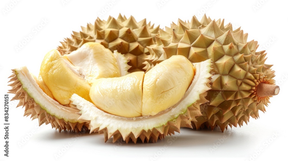 Fototapeta premium High-quality image of a durian cut open, showing its creamy interior, against a white background