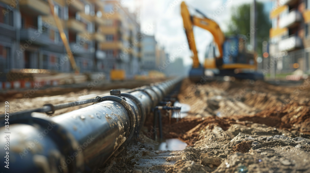Close up of new water pipes in the ground at a construction site, focusing on asphalt layers and underground pipe work being installed for Italian city streets, in the style of a blurred background