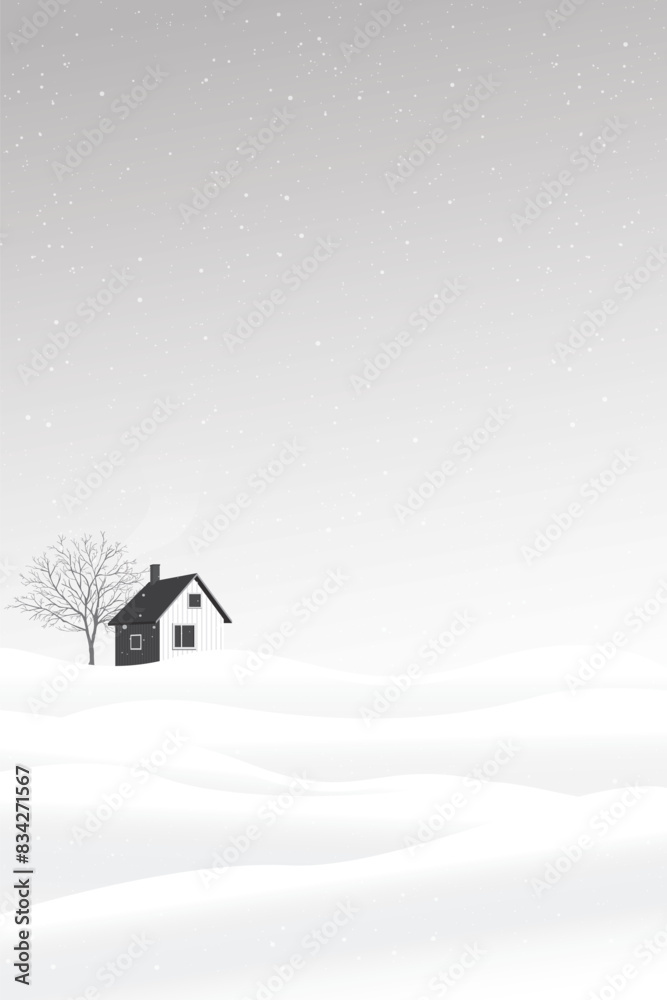Country house and big tree at snow landscape monochromatic flat design vertical illustrated have blank space.