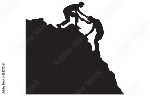Helping friend reach the mountain top silhouette  Silhouette team helping  Teamwork  together  success  victory  goal  achievement  Helping friend silhouette  Vector illustration concept 