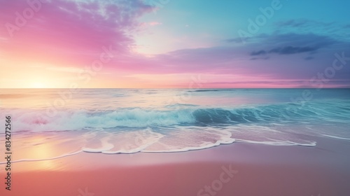 A Beautifully Serene Beach Scene with a Colorful Sunset Over the Ocean