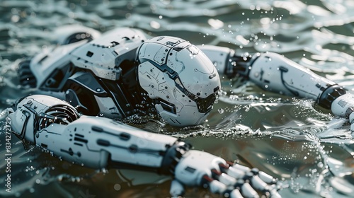 Automated rescue robot reaching into water, saving a person from drowning with precise, articulated movements and high-tech appearance photo