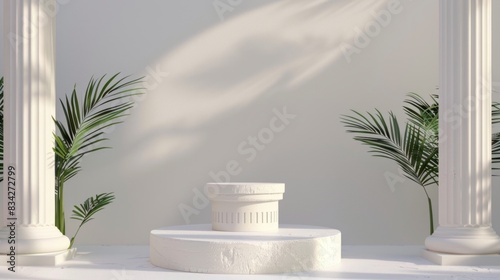 Background podium column 3d roman luxury greek white ancient display product classic. Podium platform background column pillar stage minimal stand beauty design greece render scene plant cosmetic rome