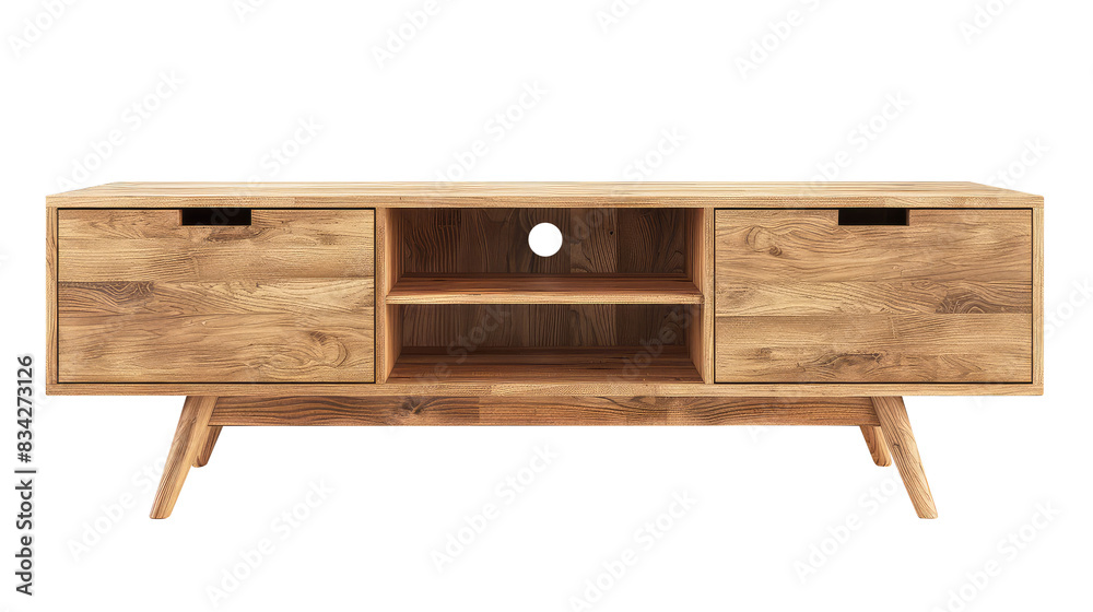 Fototapeta premium Modern wood tv stand isolated on transparent white background, clipping path