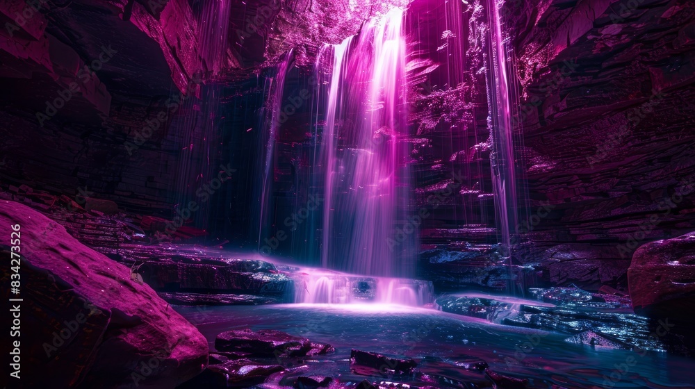 Fototapeta premium Enchanted neon waterfall in a mystical cave, Vivid purple neon waterfall cascading into a serene pool within an ethereal rocky cave setting