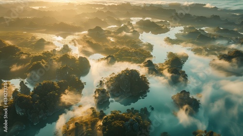 Golden sunrise over misty lake and rugged terrain, Aerial view of a serene lake surrounded by rocky landscapes under a sublime sunrise and mist