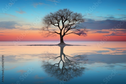 Azure Remembrance Decaying Tree Landscapes Mirrored in Sunset's Glow