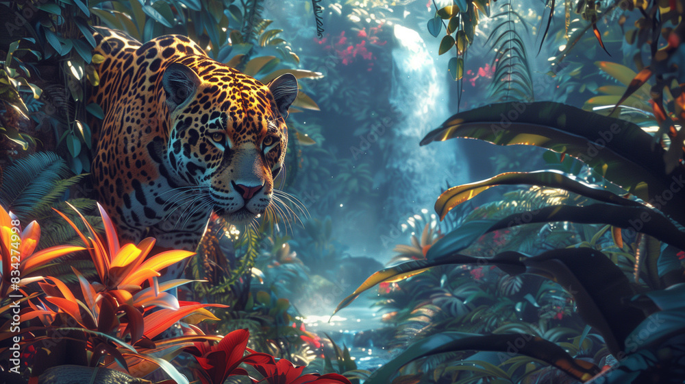 Jaguar Stalking in Vibrant Jungle Near Waterfall Jaguar Stalking in Vibrant Jungle Near Waterfall