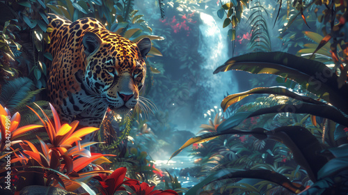 Jaguar Stalking in Vibrant Jungle Near Waterfall