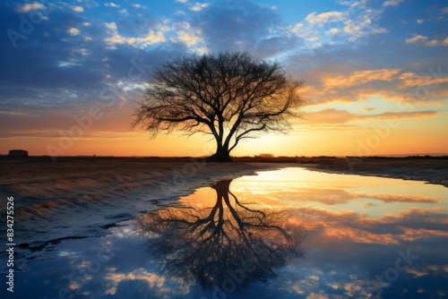 Twilight Reverie Azure Sunset Reflections in Waterborne Tree Silence